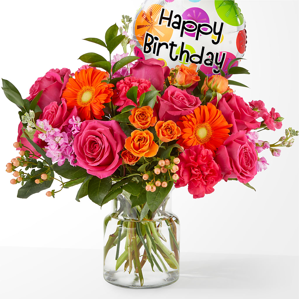 Fiesta Bouquet with Birthday Balloon – North Star Blooms, Roseville MN