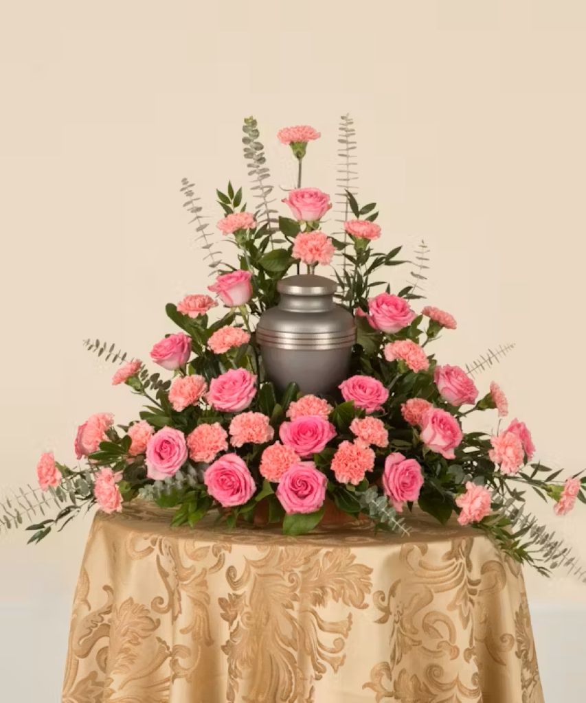 Pink Rose & Carnation Memorial Urn Arrangement – North Star Blooms, Roseville MN