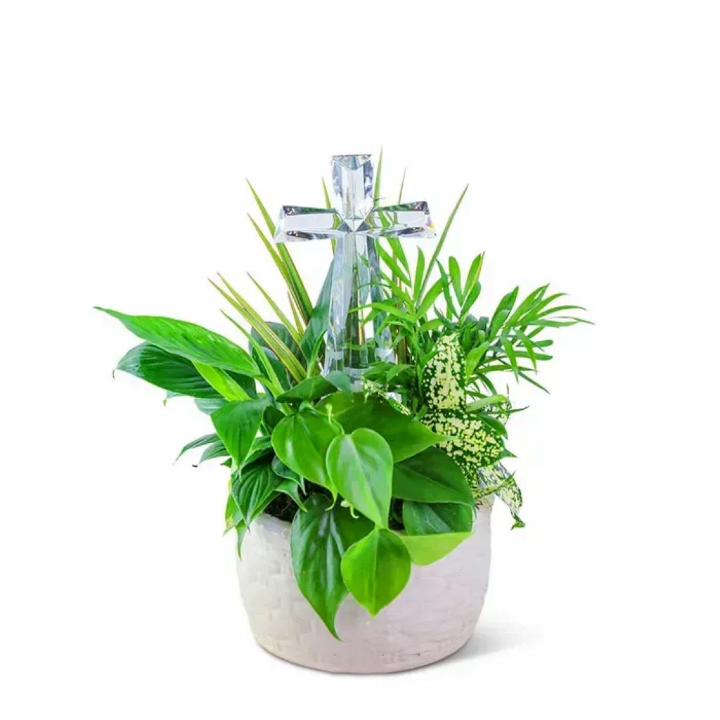 Dish Garden with Crystal Cross Keepsake