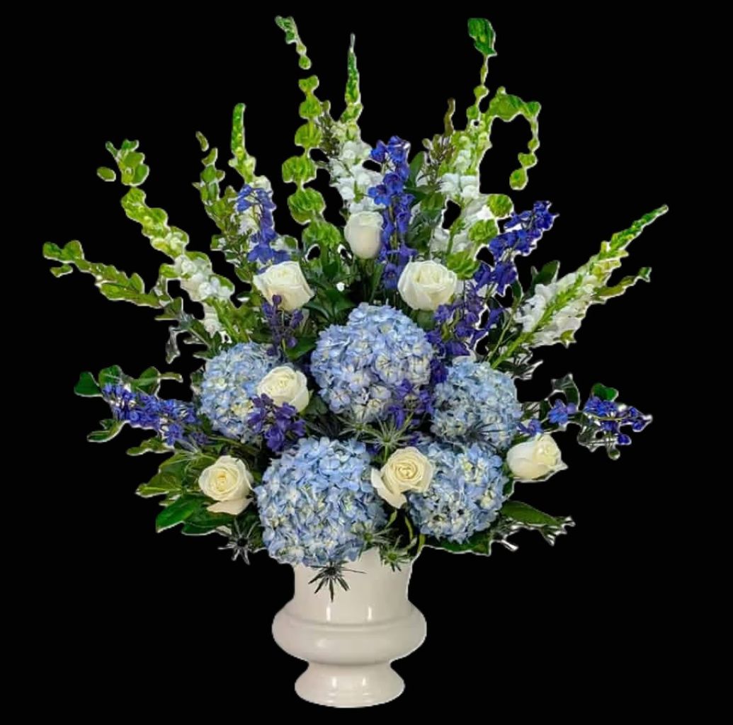 Blue and White Funeral Arrangement