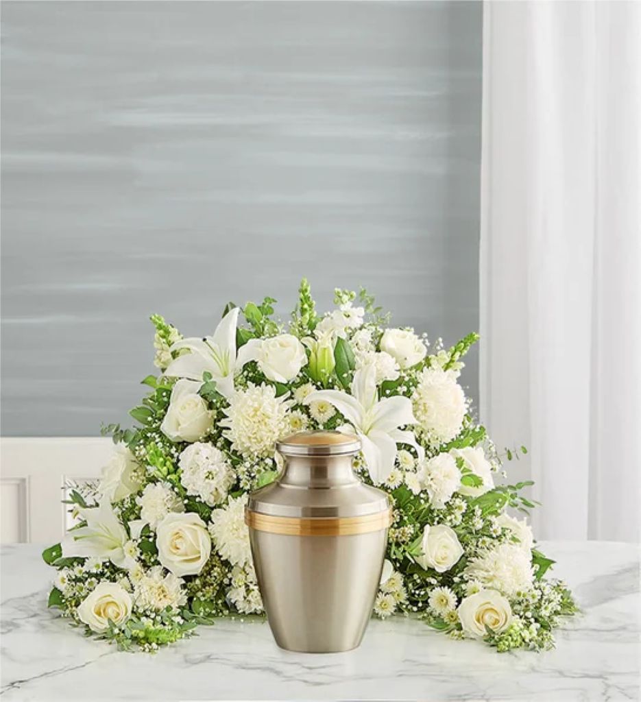 Crescent Cremation Arrangement- All White – North Star Blooms, Roseville MN