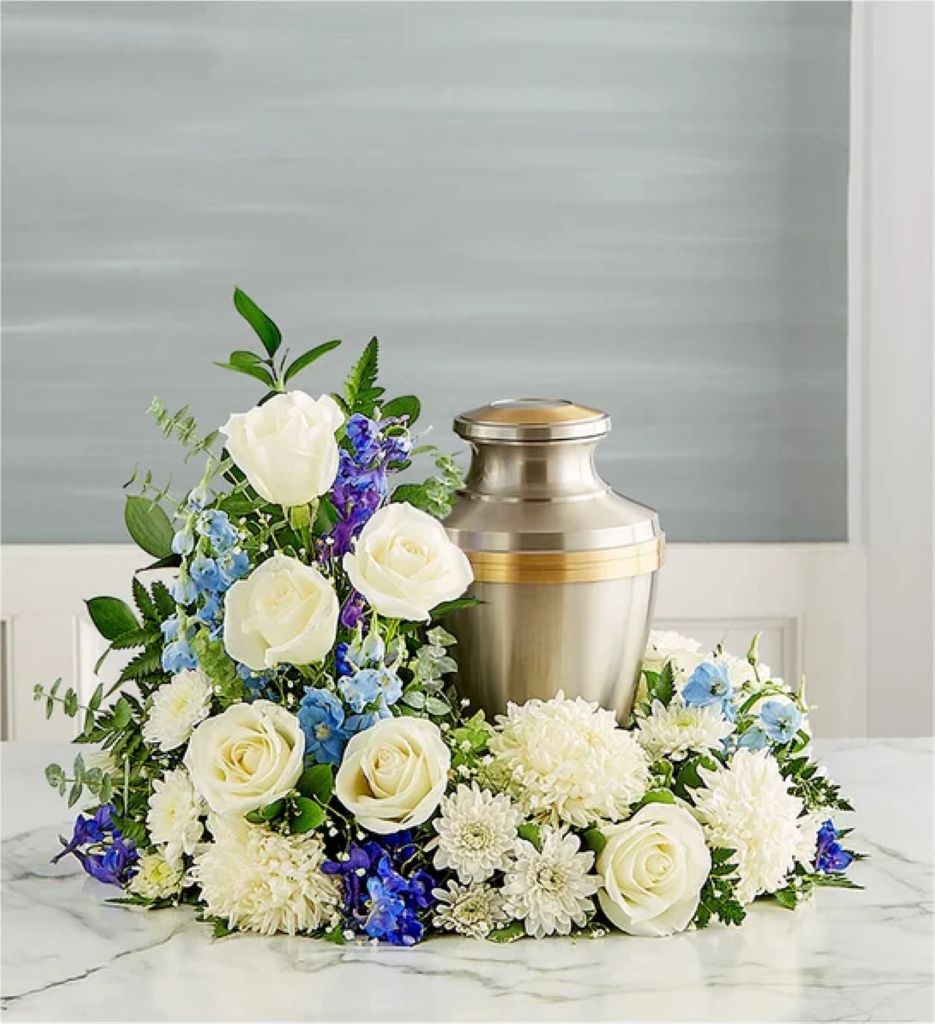 Cremation Wreath- Blue and White – North Star Blooms, Roseville MN