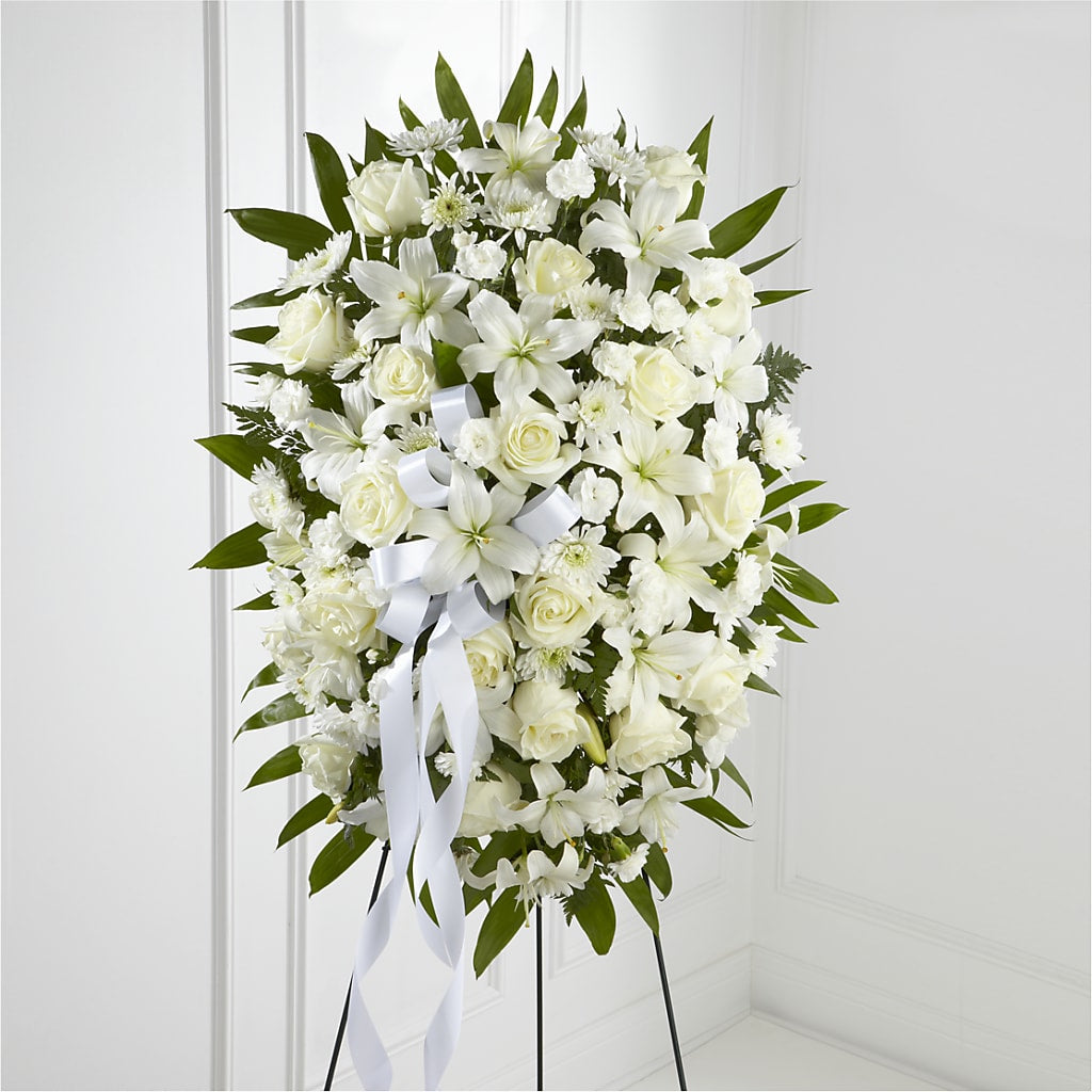 Exquisite Tribute Standing Spray-White Ribbon – North Star Blooms, Roseville MN