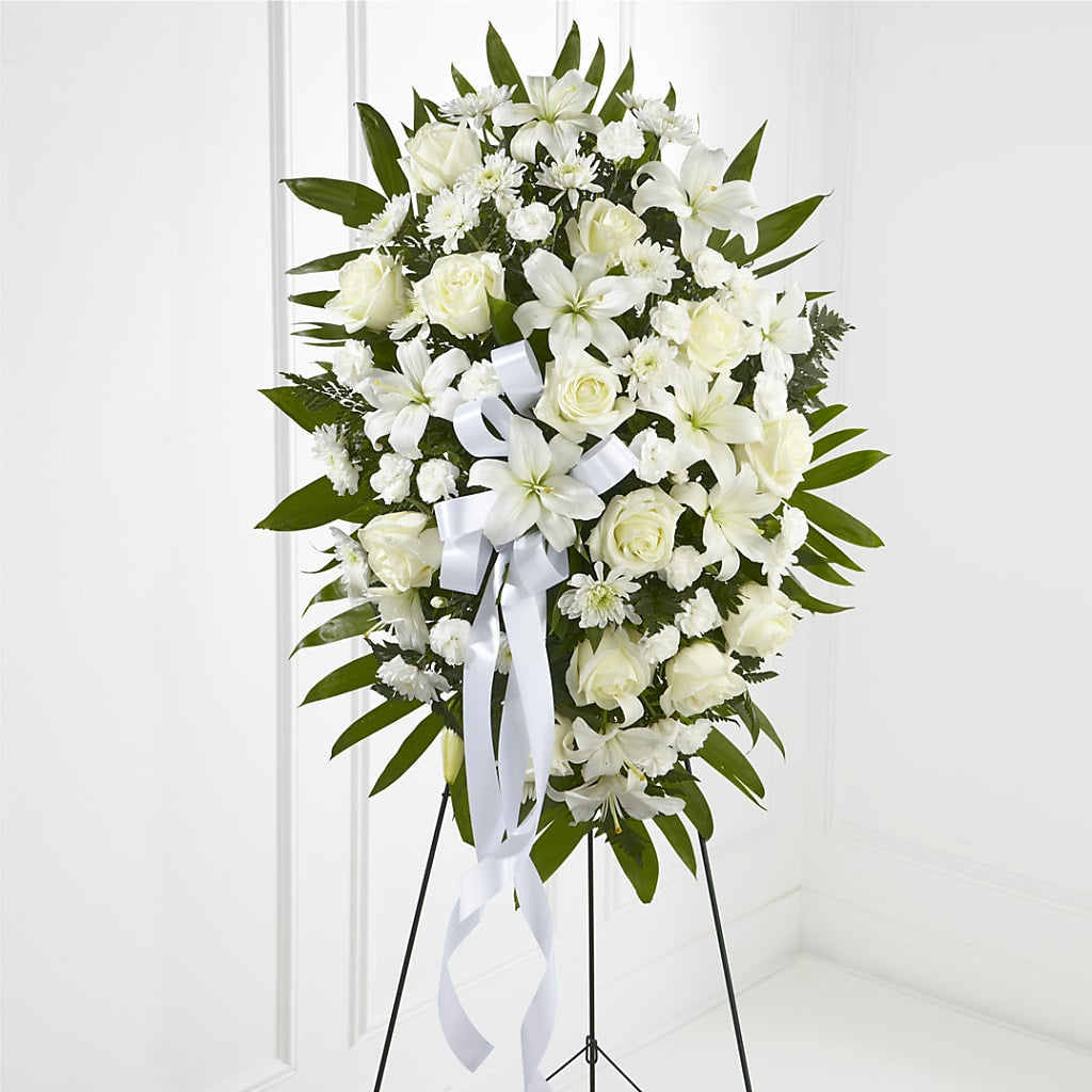 Exquisite Tribute Standing Spray-White Ribbon – North Star Blooms, Roseville MN