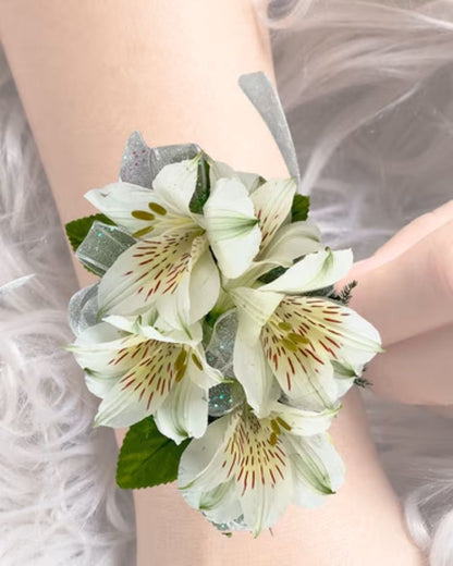 White Alstroemeria Wrist Corsage –  North Star Blooms, Roseville MN