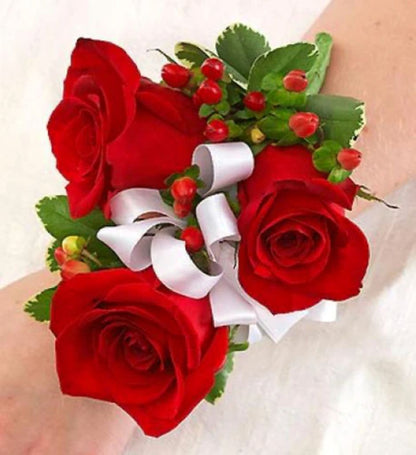 Three Red Roses Wrist Corsage With Red Hypericum Berries –  North Star Blooms, Roseville MN
