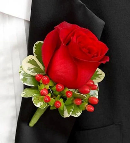 Red Rose And Red Hypericum Berries Boutonnieres –  North Star Blooms, Roseville MN