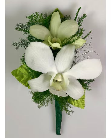 White Dendrobium Orchid Boutonniere  –  North Star Blooms, Roseville MN