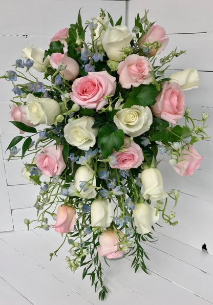 Rose Cascading Bridal Bouquet with Delphinium –  North Star Blooms, Roseville MN
