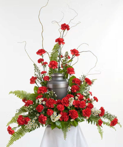 Red Carnation Memorial Urn Arrangement –  North Star Blooms, Roseville MN